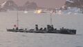 V-25 torpedoes an enemy Weymouth-class cruiser.