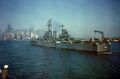 Boise arrives in New York Harbor on 20 October 1945, to participate in the Navy Day Fleet Review. The south end of Manhattan Island is in the background.