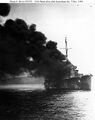 USS Ward (DD-139) afire after Kamikaze attack. She would later sink, three years to the day after initiating the opening engagement of the Pacific War against a Japanese midget submarine outside Pearl Harbor on 7 December 1941.