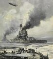 Illustration of Bayern steaming into Scapa Flow.
