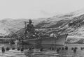Tirpitz at anchor in the fjords of Norway, protected by torpedo netting.