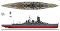 A diagram of Kongo as she appeared in 1944, showing her late-war enhanced AA protection and reduced casemate guns.