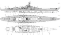A line drawing of Design IIu-2p. This variant called for a twin 457 mm gun on the bow, and a quadruple 220 mm secondary gun on the stern.