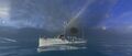 An armor piercing shell fired from Weymouth is about to impact a Sampson class destroyer.