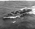 USS Dickerson (DD-157) after APD conversion. Aft mast, forward funnels, and both torpedo banks have been removed. Davits installed and four LCP(R) loaded.