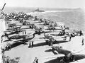 Fleet Air Arm Avengers, Seafires and Fireflies on board Implacable warm up their engines before taking off, 1945