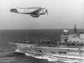 A Fairey Gannet AEW of 849 Naval Air Squadron Fleet Air Arm overflying HMS Eagle in the early 1970s