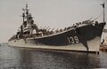 A color picture from the front, showing the ship close up from the bow.
