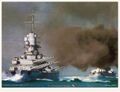 Roma and her sister Littorio firing their main battery.