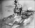 Closeup of the ship shortly following its initial conversion and in dazzle paint scheme. An SSZ class blimp is on the after deck