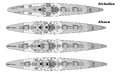 Various versions of the Alsace-class design projects in comparison with the Richelieu-class battleship.