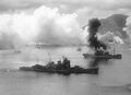 Haguro under attack at Rabaul on 2 November 1943, showing damage received in the battle of Empress Augusta Bay that morning.