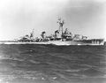 Black at sea (date unknown) following her mid-1950s modernization, in which she lost one 5"/38 gun mount and received three 3"/50 twin mounts.