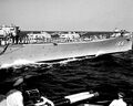 The bow of Worcester as seen from Baltimore while in the Mediterranean during 1952.