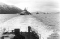 Tirpitz, escorted by several destroyers, steaming in the Bogenfjord in October 1942.