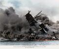 Arizona burning after the Japanese attack on Pearl Harbor.