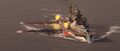 Atago fires a broadside at an enemy battleship, resulting in two fires.