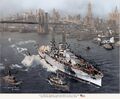 Arizona on the East River in New York City on her way to sea trials in 1916. The Brooklyn Bridge is in the background.