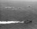Farragut during maneuvers staged for Movietone News, off San Diego, California, 14 September 1936. She is being overflown by five patrol planes. At left is a PBY-1 of Patrol Squadron Eleven-F (VP-11F). The other four are P2Ys of Patrol Squadron Seven-F (VP-7F).