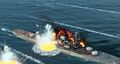 Ranger’s dive bombers land hits on De Grasse while she maneuvers to evade a torpedo attack.
