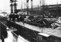 The housing of the light cruiser Chkalov on the western stocks of the Baltic Shipyard. In the foreground: outfitting quay businesses, right behind her eastern slipway. Mid-1940s.