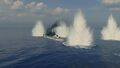 Queen Elizabeth under fire from battleship guns.